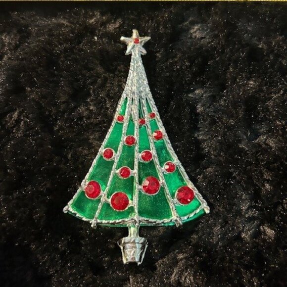 Vintage BJ Silver Tone w/Green Background and Red Rhinestones, Christmas Tree - Picture 2 of 5